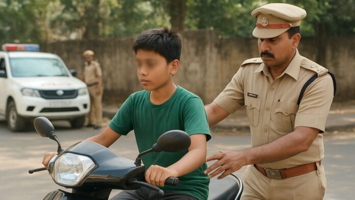 बिना लाइसेंस स्कूटी चलाता नाबालिग, पुलिस की सख्त कार्रवाई