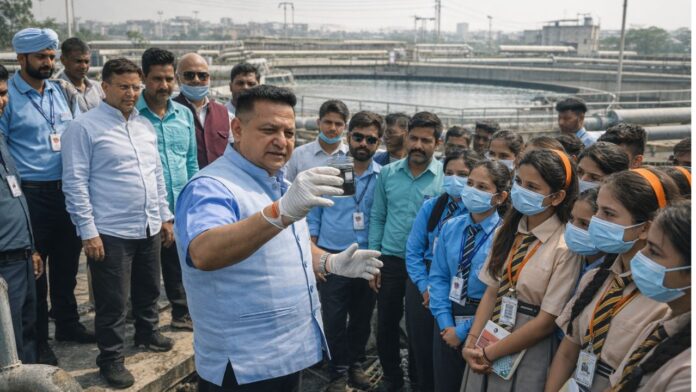 एसटीपी प्लांट में सीवरेज जल शोधन प्रक्रिया समझते उत्साहित विद्यार्थी
